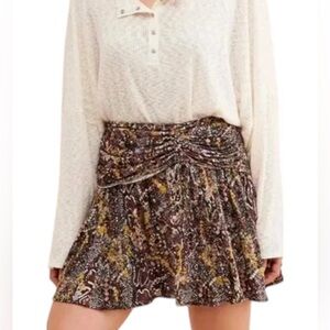 Free People Brown Floral Smocked Waist Mini Skirt with Yellow Accents